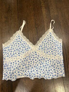 H&M White and Blue Floral Lace Detail Tank Top